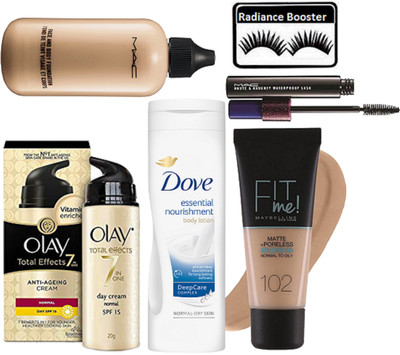 

radiance booster Eyelashes & Mac Face&Body Foundation & Olay Anti Ageing Day Cream & Intensive Care Lotion & Maybelline Fit Me Foundation & Haute Naughty Mascara(Set of 6)