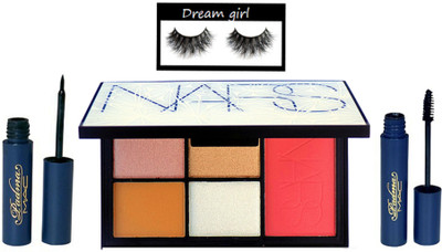 

Dream Girl eyelashes,nars 4 shades eye shadow -1 shades blusher palette , padma eyeliner & mascara(Set of 4)