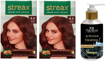 

Pink Root Activated Charcoal Shampoo with Streax 2 Pcs 4.6 Reddish Brown Cream Hair Color(Set of 3)