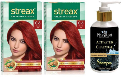 

Pink Root Activated Charcoal Shampoo with Streax 2 Pcs 0.6 Flame Red Cream Hair Color(Set of 3)
