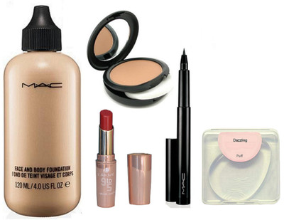 

Dazzling Silicon puff, studio fix compact, pen eyeliner, lipstick, face and body foundation(Set of 5)