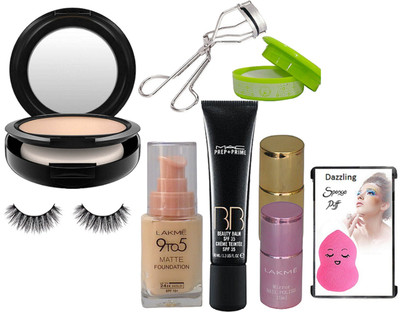 

dazzling sponge puff with lakme 9to5 matte foundation,BB cream,lakme mirror nail paint with remover & curler,eyelashes(Set of 9)