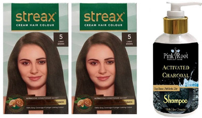 

Pink Root Activated Charcoal Shampoo with Streax 2 Pcs 5 Light Brown Cream Hair Color(Set of 3)
