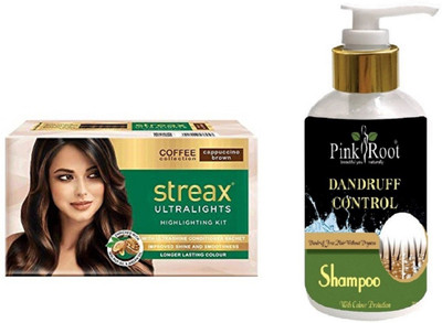 

Pink Root Dandruff Control Shampoo with Streax Ultralights Cappuccino Brown Highlightings Kit(Set of 2)