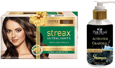 

Pink Root Activated Charcoal Shampoo with Streax Ultralights Mocha Brown Highlightings Kit(Set of 2)