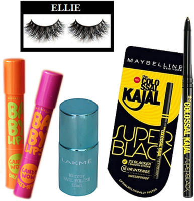 

Ellie Eyelashes, Nail paint, Super Black kajal, Cherry Lip balm 2(Set of 5)