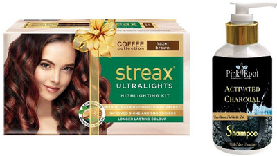 

Pink Root Activated Charcoal Shampoo with Streax Ultralights Hazel Brown Highlightings Kit(Set of 2)