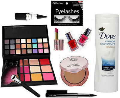 

catherine Eyelashes, Mac Nail Paint-2, Pen Eyeliner, Stick kajal, Makeup Palette With Brush, Dove Body Lotion. Lakme 9to5 compact, Lipstick(Set of 9)