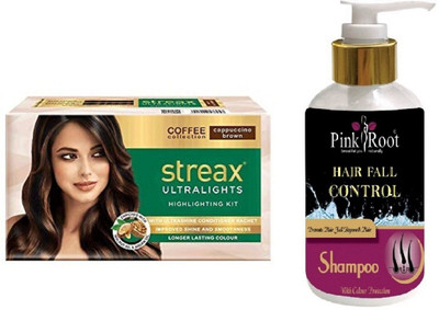 

Pink Root Hair Fall Control Shampoo with Streax Ultralights Cappuccino Brown Highlightings Kit(Set of 2)
