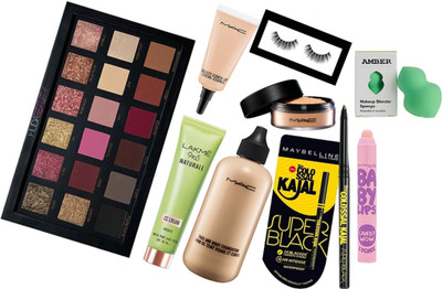 

Amber Sponge Puff & Eyelashes & Select Cover up Concealer Face & Body Foundation & Loose Powder & Shades Eyeshadow Palette & Lip Balm & Super Black Kajal & NATURALE CC Cream(Set of 9)