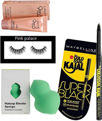 pink palace Eyelashes, Spongy puff, Lakme 9to5 weightless mousse foundation, Maybelline Colossal kajal(Set of 4)