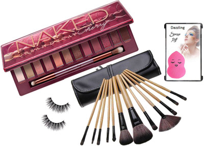 

Dazzling Sponge puff & Naked Cherry Eye Shadow Palette with Bobbi brown makeup brush set & Eyelashes(Set of 15)