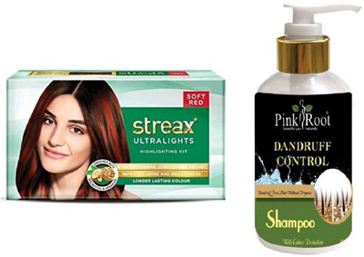

Pink Root Dandruff Control Shampoo with Streax Ultralights Soft Red Highlightings Kit(Set of 2)