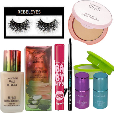 

REBELEYES eyelashes, naturale bi phase foundation,nail paint pack of 2,primer matte powder compact, kajal, baby lip,nail paint remover(Set of 8)