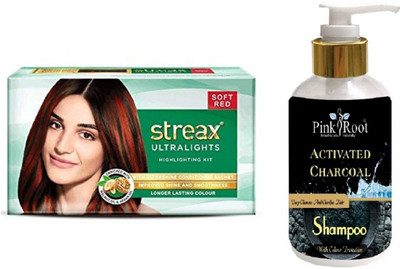 

Pink Root Activated Charcoal Shampoo with Streax Ultralights Soft Red Highlightings Kit(Set of 2)