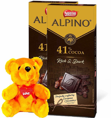 

Nestle - Valentine Gift Combo with 2 Packs of ALPINO 41% Cocoa- Rich and Dark Chocolate 90gm & A Beautiful Teddy Combo(2)
