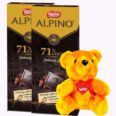 

Nestle 2 Packs of ALPINO 71% Cocoa- Rich and Dark Chocolate 90gm & A Beautiful Teddy Combo(2)