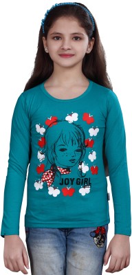 SINI MINI Girls Typography, Printed Cotton Blend T Shirt(Blue, Pack of 1)