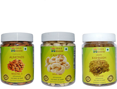 

Veg E Wagon Almonds Bold 1,Cashew XXl &Green Kishmish Regular(250 each) Almonds, Cashews, Raisins(750 g, Plastic Bottle)