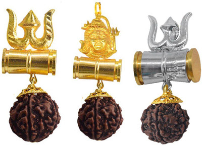 Shiv Jagdamba Shiv Trishul Shakti Kavach Rudraksha Damru Locket With Panchmukhi Rudraksha Bead Gold-plated Brass, Wood Pendant Set
