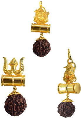Shiv Jagdamba Shiv Trishul Shakti Kavach Rudraksha Damru Locket With Panchmukhi Rudraksha Bead Gold-plated Brass, Wood Pendant Set