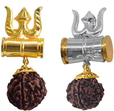 Shiv Jagdamba Shiv Trishul Shakti Kavach Rudraksha Damru Locket With Panchmukhi Rudraksha Bead Gold-plated Brass, Wood Pendant Set