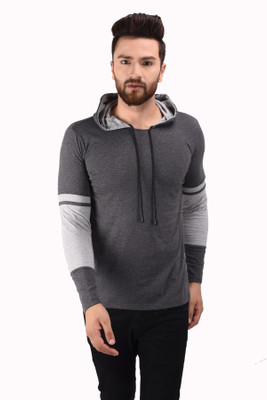 Kay Dee Creations Solid Men Hooded Grey T-Shirt