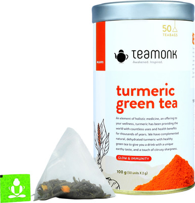 

Teamonk Global Nilgiris Turmeric Green Tea, 50 Pyramid Teabag | For Glow and Immunity Turmeric Green Tea(50 Bags, Tin)