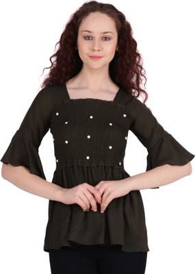 POPWINGS Casual Bell Sleeve Embellished Women Dark Green Top