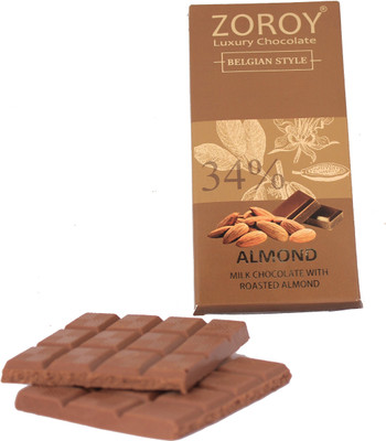 

Zoroy Luxury Chocolate Pure Belgian couverture 100gms Milk chocolate bar with Roasted almond Bars(100 g)