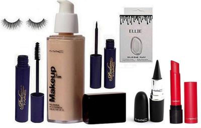 

ELLIE Puff & Makeup Pro LOngwear Foundation &Padma Eyeliner & Mascara,stick kajal,eyelashes,liptensity lipstick(Set of 7)