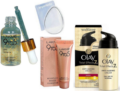 

importedd silicon puff,lakme 9to5 serum,weightless mousse foundation,olat total effects 7 in one anti ageing cream(Set of 4)