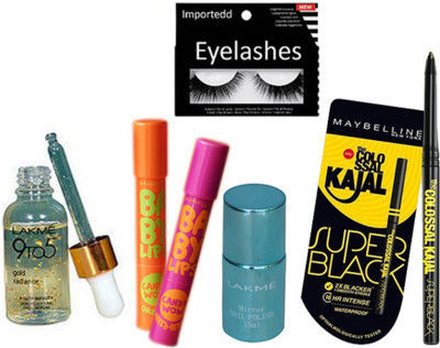 

importedd eyelashes,lakme 9to5 serum,nail paint,maybelling the new york colossal kajal,baby lipblam pack of 2(Set of 6)