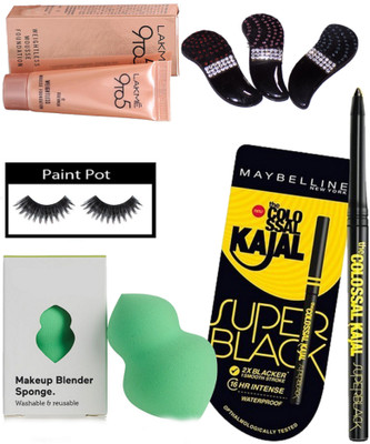 

PAINT POT eyelashes, Lakme 9to5 weightless mousse foundation, the colossal kajal with hair clips pack of 3 and sponge puff(Set of 7)