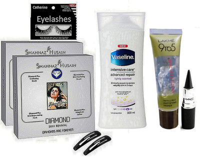 

catherine Eyelashes, Vaseline Body Lotion, Shahaz Husain Facial Kit With Hair Clips, Mac Stick Kajal, Lakme 9to5 FAce Primer(Set of 8)