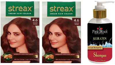 

Pink Root Kertain Shampoo with Streax 2 Pcs 4.6 Reddish Brown Cream Hair Color(Set of 3)