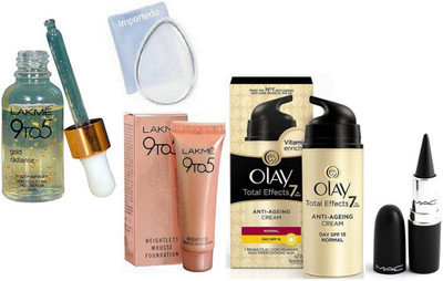 

importedd silicon puff,lakme 9to5 serum,stick kajal,weightless mousse foundation,olay total effects 7 in one anti ageing cream(Set of 5)