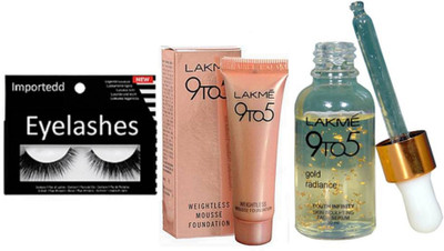 

importedd eyelashes,lakme 9to5 serum,weightless mousse foundation(Set of 3)