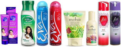 

Boroplus Dabur Jasmine Coconut Hair Oil, Eva Dew deo, Eva Blush deo, Moha Face wash, Moha Hair Serum, Lia Rose Room freshener , Lia Lavender Room Freshener combo Pack(Set of 8)