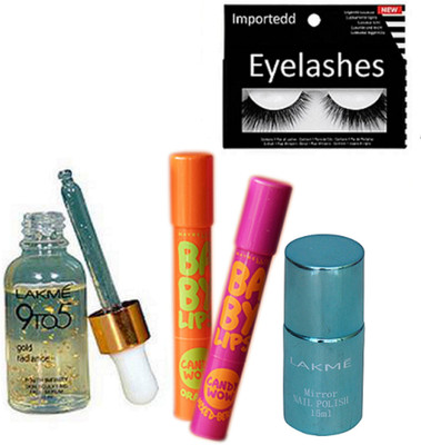 

importedd eyelashes,lakme 9to5 serum,nail paint,maybelling the new york baby lipblam pack of 2(Set of 5)