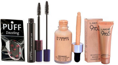

Dazzling Silicon puff with studio water weight foundation with Mousse & Double effect mascara(Set of 4)