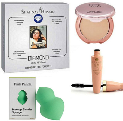 

pinkpanda Sponge puff, shahnaz husain diamond facial, Lakme 9to5 primer + matte powder foundation, mascara(Set of 4)