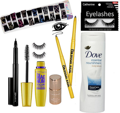 

catherine Eyelashes, Mac Pen Eyeliner, Maybelline Colosal Kajal-2, MagNum Mascara, Lakme Nail Paint, Dove Body Lotion With Hair Clips-12(Set of 19)