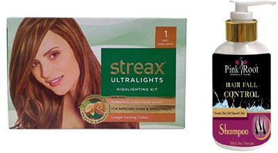 

Pink Root Hair Fall Control Shampoo with Streax Ultralights 1 Soft Highlights Highlightings Kit(Set of 2)