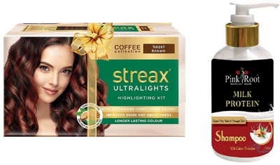 

Pink Root Milk Protein Shampoo with Streax Ultralights Hazel Brown Highlightings Kit(Set of 2)