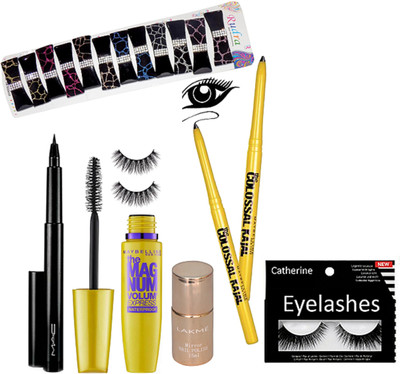 

catherine Eyelashes, Mac Pen Eyeliner, Maybelline Colosal Kajal-2, MagNum Mascara, Lakme Nail Paint(Set of 6)