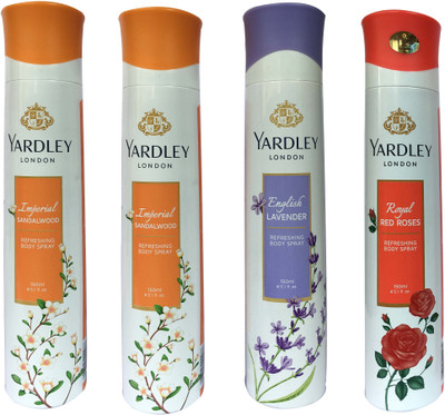 

Yardley London English lavender ,Royal red roses and Imperial sandalwood (pack of 4) Perfume Body Spray - For Women(150 ml, Pack of 4)