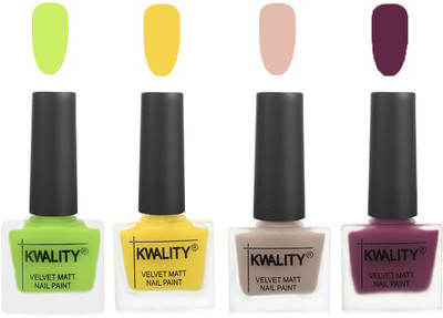 

Kwality Multicolor Matte Nail Polish Combo 2901201991 Light Lemon Green,Yellow,Light Baby Nude,Purple(Pack of 4)