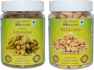 

Veg E Wagon Green Kishmish Bold Premium & Pista Whole Premium (250 Each) Raisins, Pistachios(500 g, Plastic Bottle)