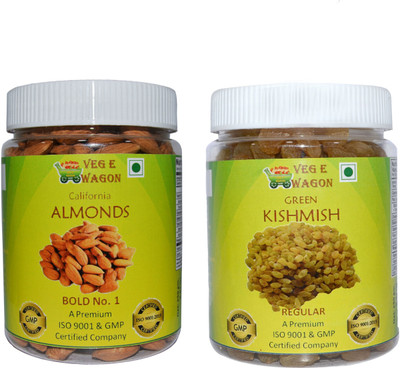 

Veg E Wagon Almonds Bold No1& Green Kishmish Regular (250 Each) Almonds, Raisins(500 g, Plastic Bottle)